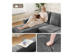 Sofá de canto esquerdo modular 3 lugares em veludo cotelê, com 2 almofadas, chaise longue 70x125cm, Cinza*DripeX Discount