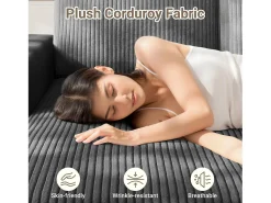 Sofá de canto esquerdo modular 3 lugares em veludo cotelê, com 2 almofadas, chaise longue 70x125cm, Cinza*DripeX Discount