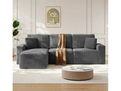 Sofá de canto esquerdo modular 3 lugares em veludo cotelê, com 2 almofadas, chaise longue 70x125cm, Cinza*DripeX Discount