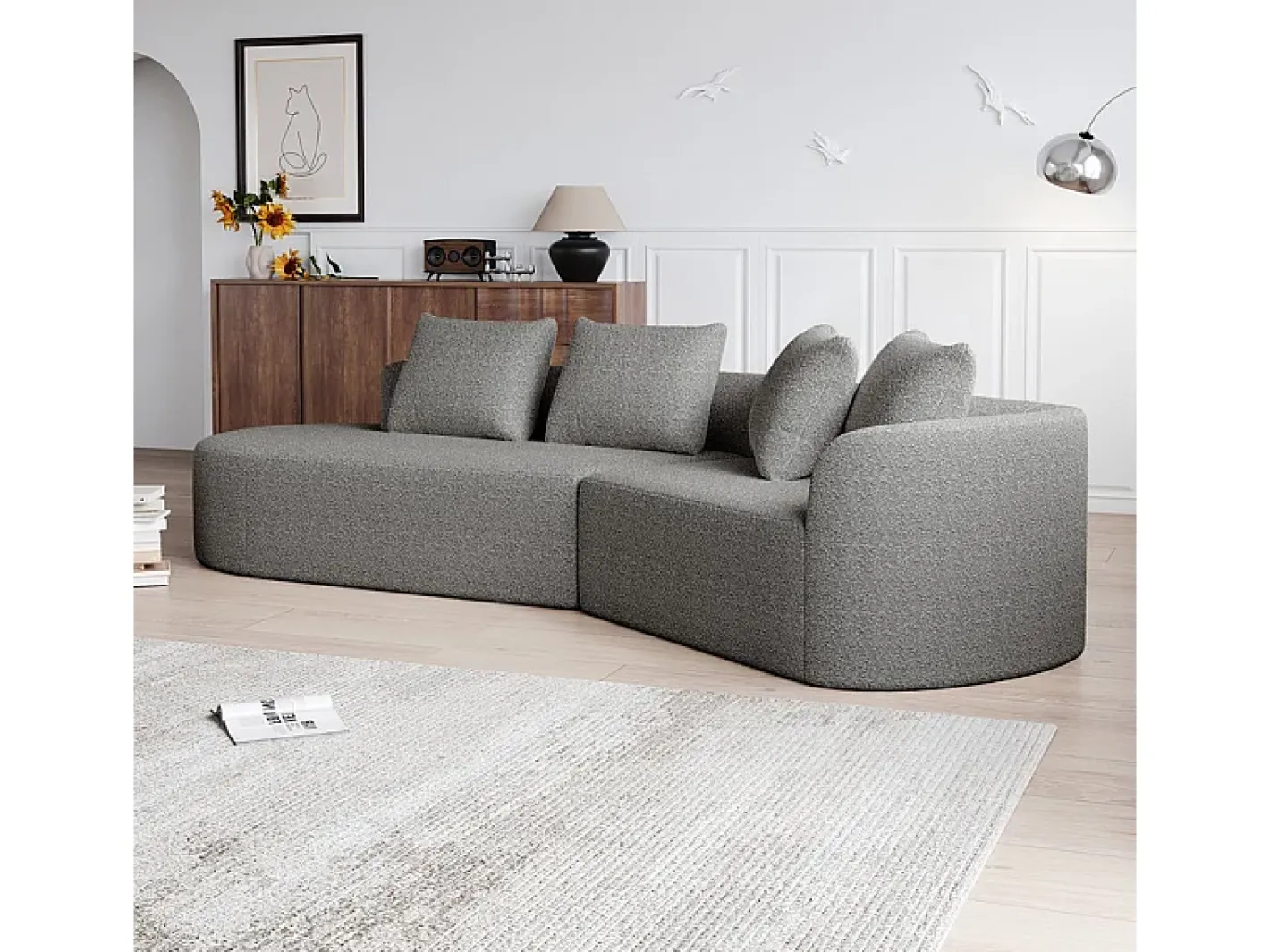 Sofá de Canto Esquerdo Moderno Superdimensionado 4 Lugares, com 4 Almofadas, Chaise Longue Curva, Tecido Chenille, Cinza Claro*DripeX Clearance