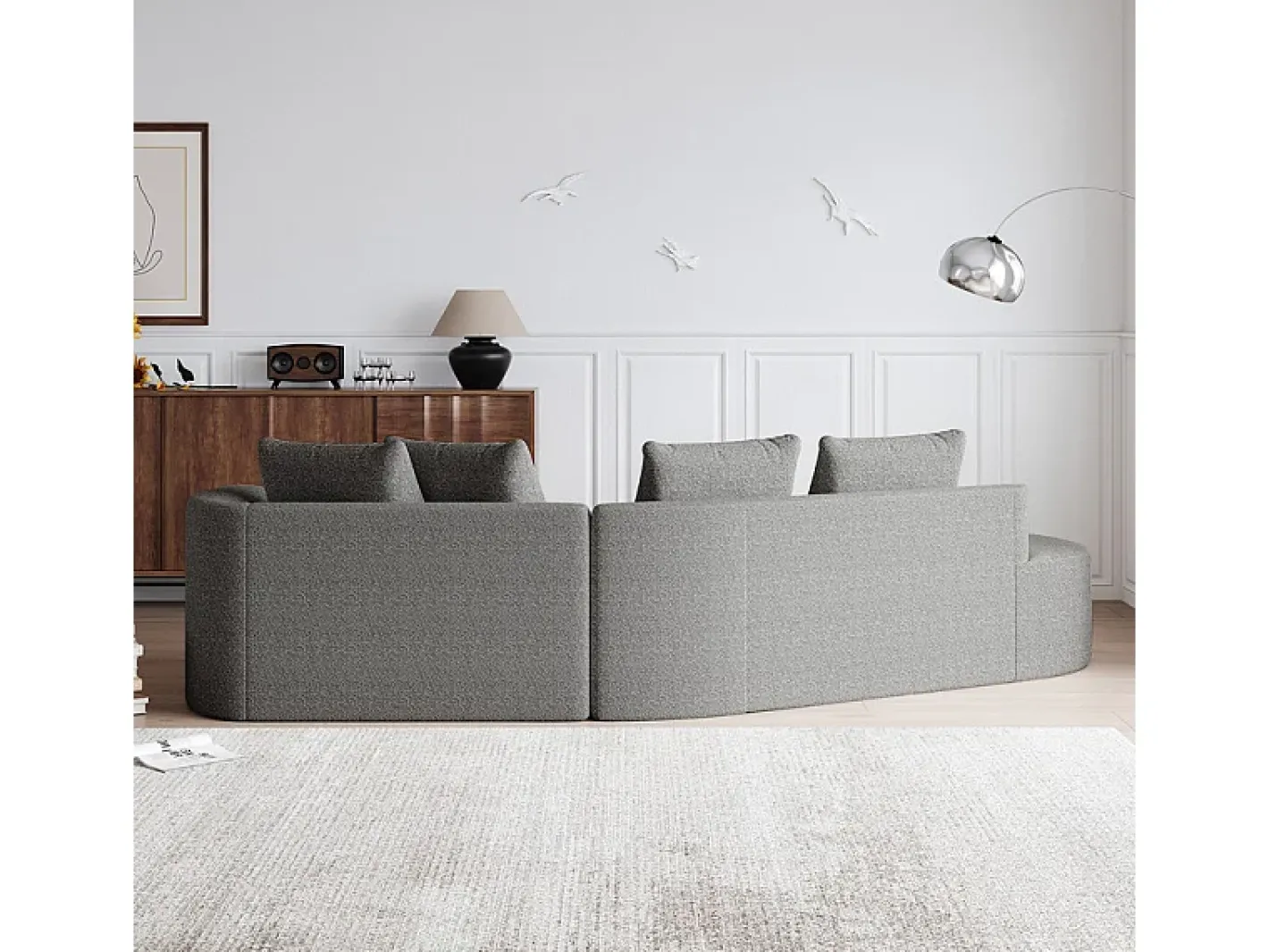 Sofá de Canto Esquerdo Moderno Superdimensionado 4 Lugares, com 4 Almofadas, Chaise Longue Curva, Tecido Chenille, Cinza Claro*DripeX Clearance