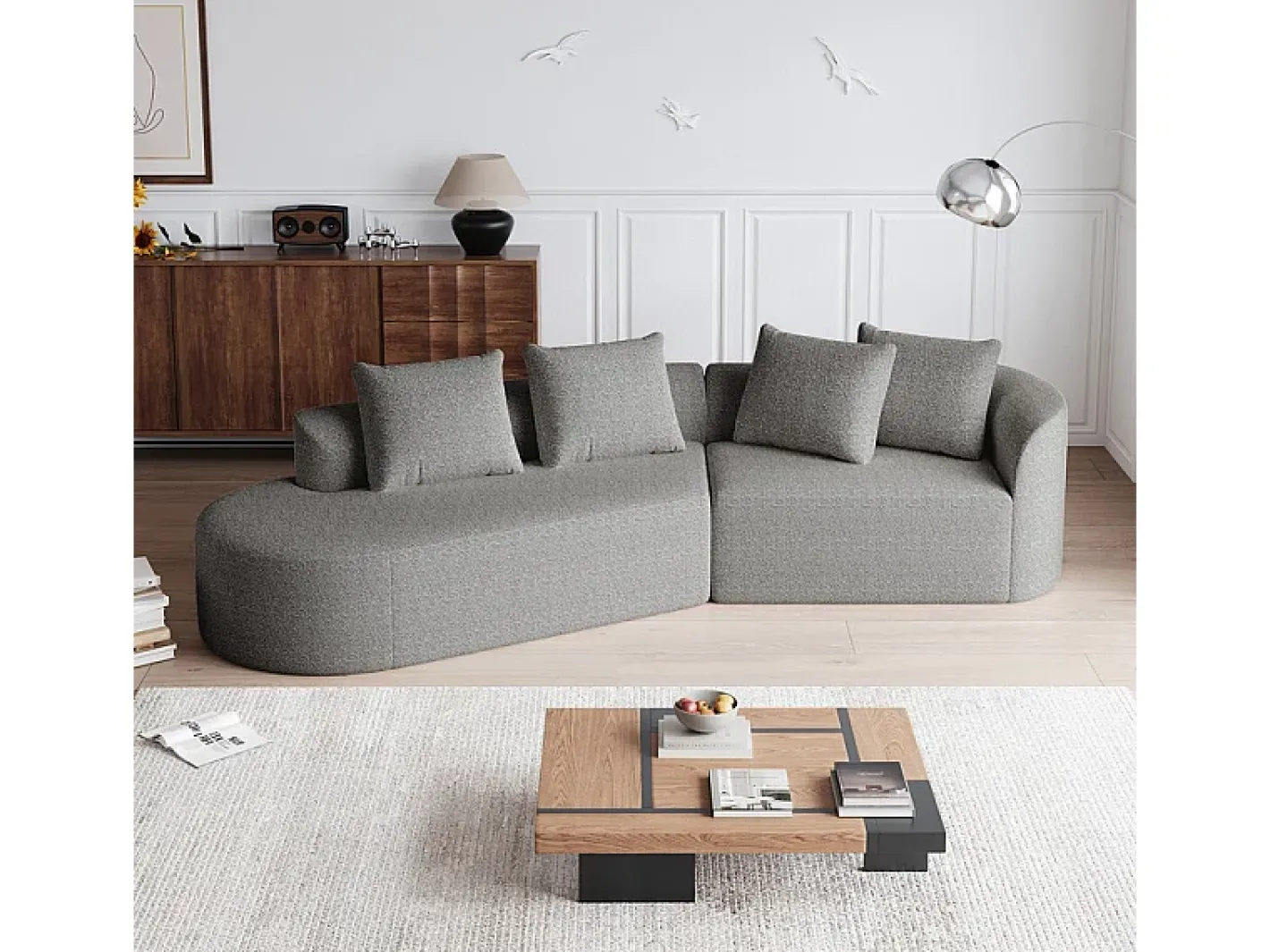 Sofá de Canto Esquerdo Moderno Superdimensionado 4 Lugares, com 4 Almofadas, Chaise Longue Curva, Tecido Chenille, Cinza Claro*DripeX Clearance