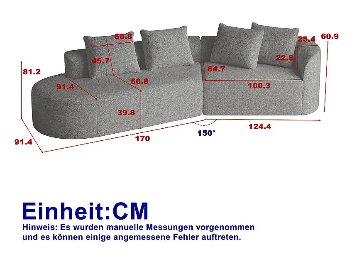 Sofá de Canto Esquerdo Moderno Superdimensionado 4 Lugares, com 4 Almofadas, Chaise Longue Curva, Tecido Chenille, Cinza Claro*DripeX Clearance