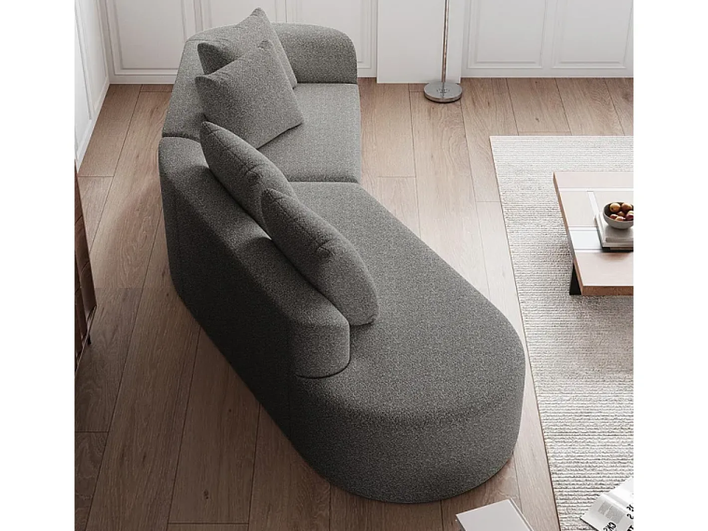 Sofá de Canto Esquerdo Moderno Superdimensionado 4 Lugares, com 4 Almofadas, Chaise Longue Curva, Tecido Chenille, Cinza Claro*DripeX Clearance