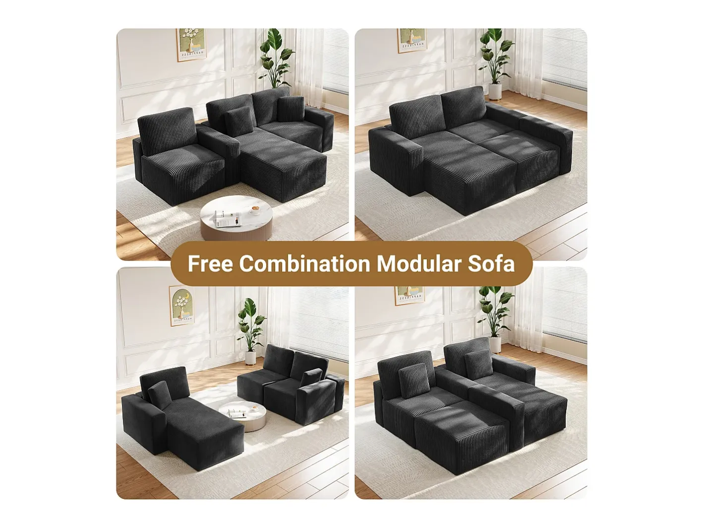 Sofá de canto esquerdo modular 3 lugares em veludo cotelê, com 2 almofadas, chaise longue 70x125cm,^DripeX Online
