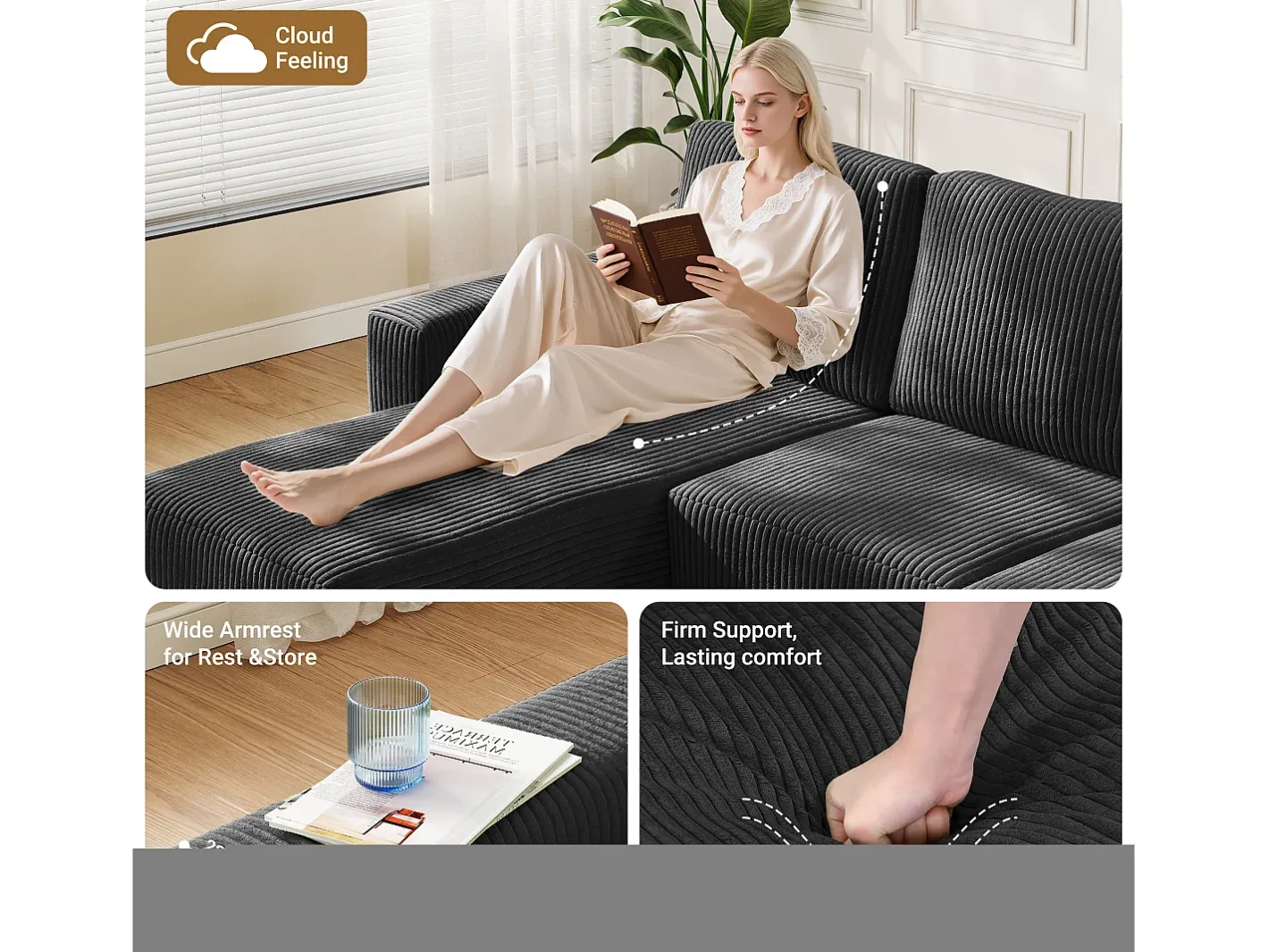 Sofá de canto esquerdo modular 3 lugares em veludo cotelê, com 2 almofadas, chaise longue 70x125cm,^DripeX Online