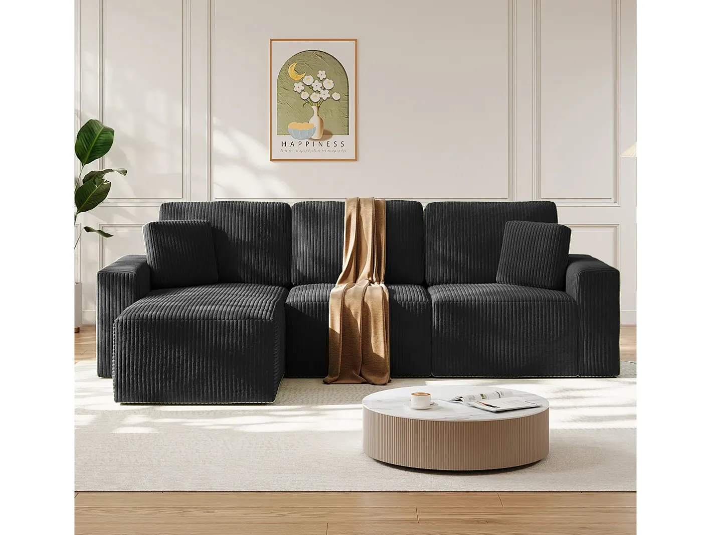 Sofá de canto esquerdo modular 3 lugares em veludo cotelê, com 2 almofadas, chaise longue 70x125cm,^DripeX Online