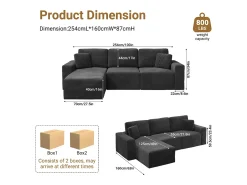 Sofá de canto esquerdo modular 3 lugares em veludo cotelê, com 2 almofadas, chaise longue 70x125cm,^DripeX Online