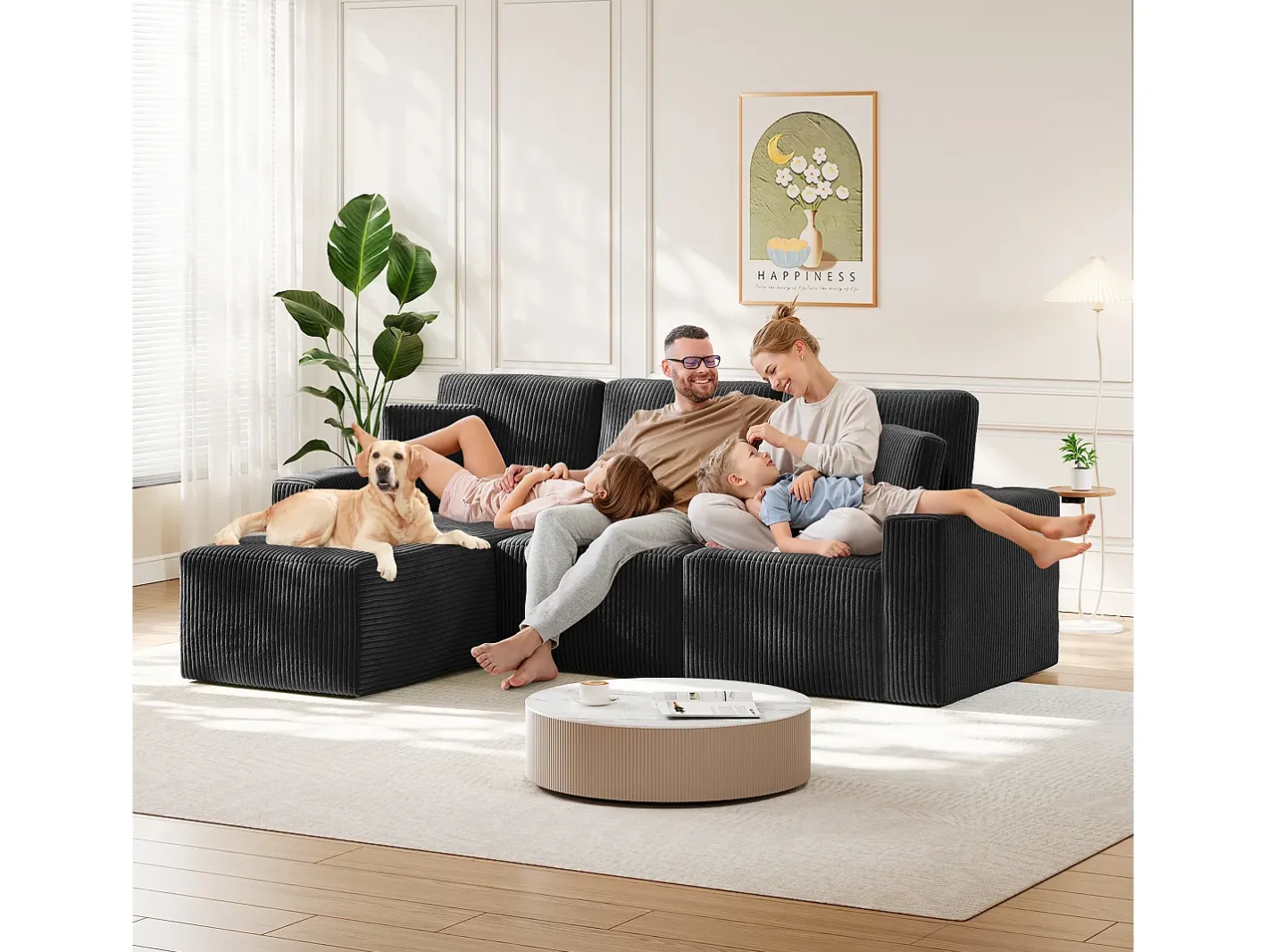 Sofá de canto esquerdo modular 3 lugares em veludo cotelê, com 2 almofadas, chaise longue 70x125cm,^DripeX Online