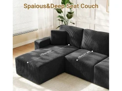 Sofá de canto esquerdo modular 3 lugares em veludo cotelê, com 2 almofadas, chaise longue 70x125cm,^DripeX Online
