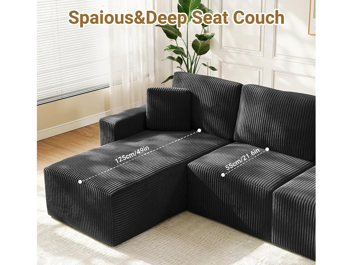 Sofá de canto esquerdo modular 3 lugares em veludo cotelê, com 2 almofadas, chaise longue 70x125cm,^DripeX Online