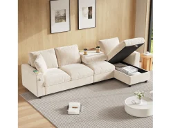 Sofá de canto moderno em L - com 2 porta-copos - 1 porta USB e 1 porta Tipo-C - com 2 braços com armazenamento - Tecido de pelúcia -^ModernLuxe Sale