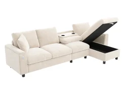 Sofá de canto moderno em L - com 2 porta-copos - 1 porta USB e 1 porta Tipo-C - com 2 braços com armazenamento - Tecido de pelúcia -^ModernLuxe Sale