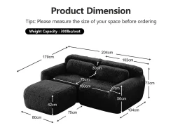 Sofá de Canto Modular 2 lugares em tecido peluche, com puff e 2 almofadas, 204x179x73cm,^DripeX New
