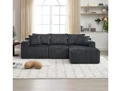 Sofá de Canto Modular 3 Lugares, de Veludo Cotelê, com Porta-copos, Almofadas e Bolsos Laterais, Chaise Longue 118cm, Cinza Sofá