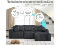 Sofá de Canto Modular 3 Lugares, de Veludo Cotelê, com Porta-copos, Almofadas e Bolsos Laterais, Chaise Longue 118cm, Cinza Sofá
