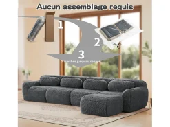 Sofá de Canto Modular em tecido peluche, com puff e 4 almofadas, sem estrutura, 378x179x73cm, Cinza*DripeX Online