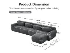 Sofá de Canto Modular em tecido peluche, com puff e 4 almofadas, sem estrutura, 378x179x73cm, Cinza*DripeX Online