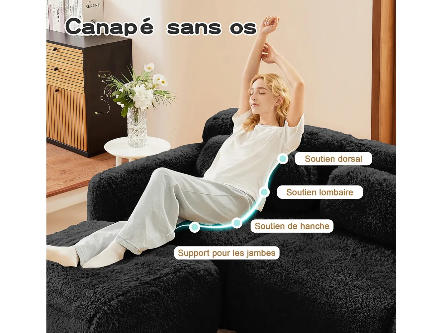 Sofá de Canto Modular em tecido peluche, com 2 puffs e 3 almofadas, 291x179x73cm,*DripeX Discount