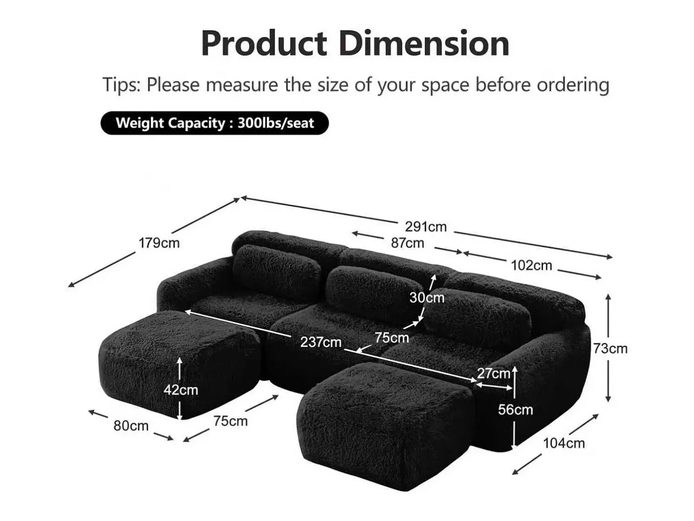 Sofá de Canto Modular em tecido peluche, com 2 puffs e 3 almofadas, 291x179x73cm,*DripeX Discount