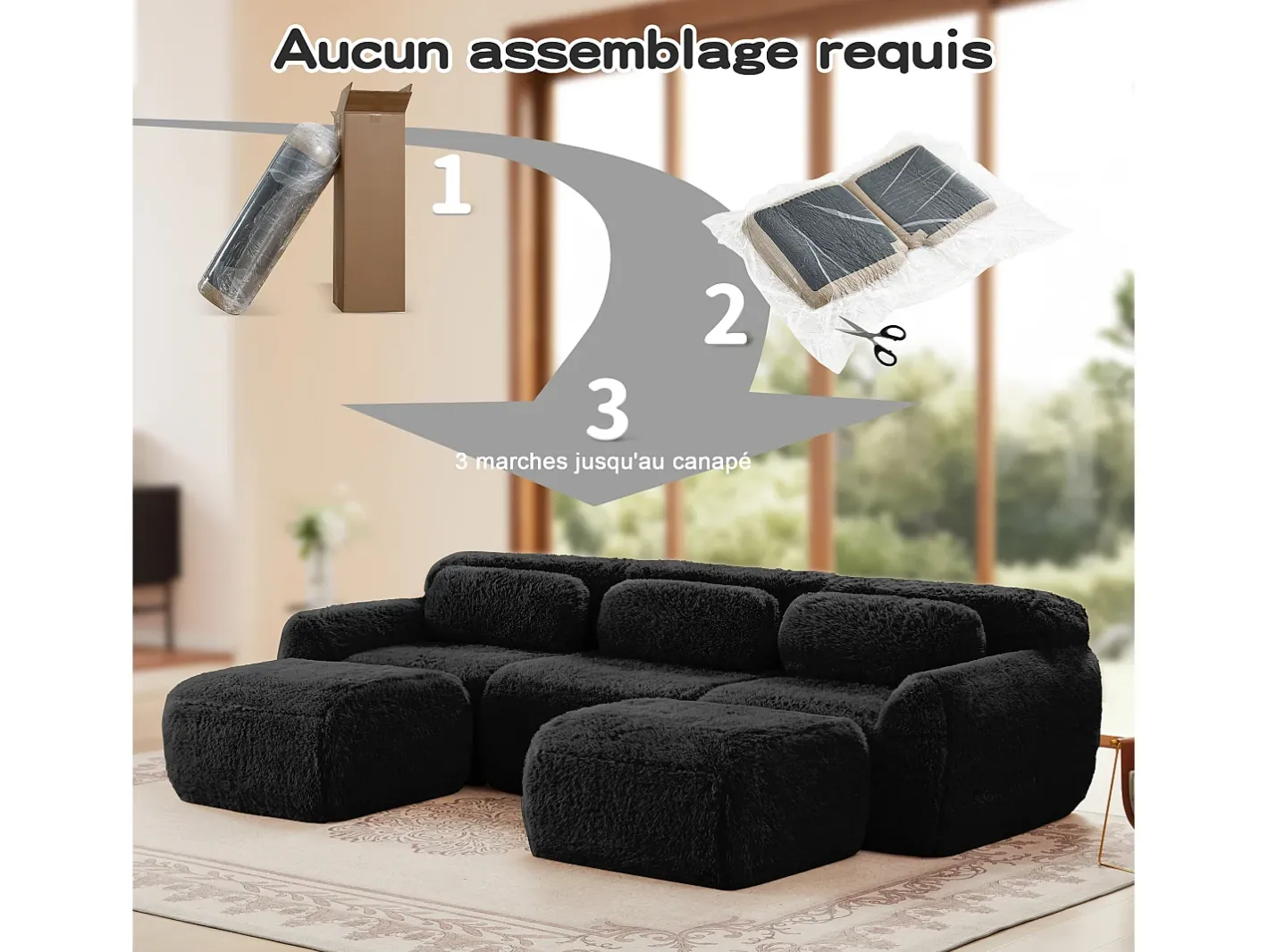 Sofá de Canto Modular em tecido peluche, com 2 puffs e 3 almofadas, 291x179x73cm,*DripeX Discount