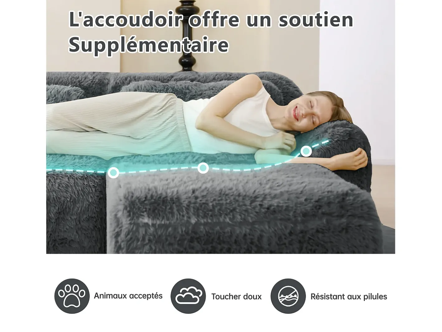 Sofá de Canto Modular em tecido peluche, com 3 puffs e 3 almofadas, 291x179x73cm, Cinza*DripeX Sale
