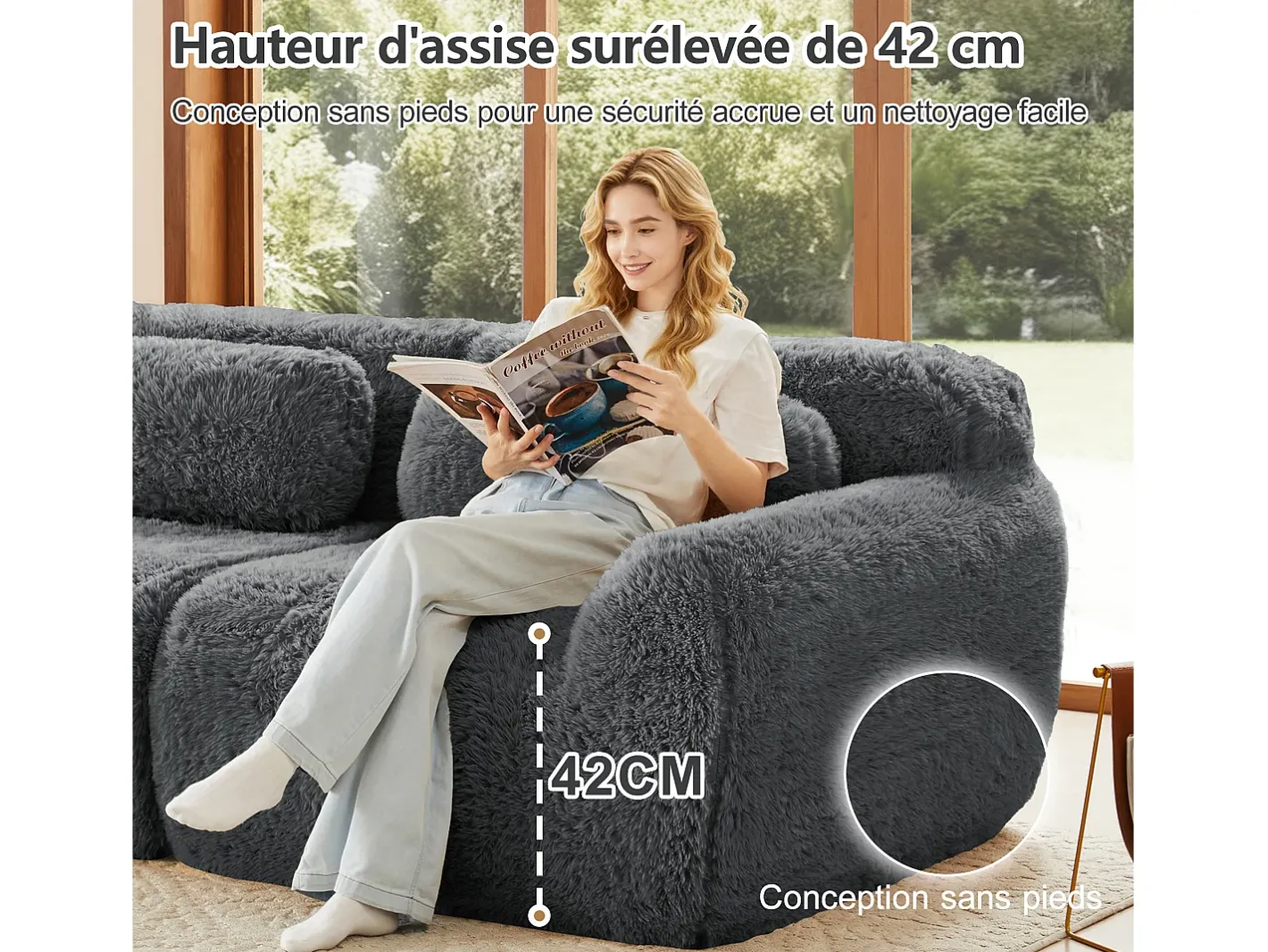 Sofá de Canto Modular em tecido peluche, com 3 puffs e 3 almofadas, 291x179x73cm, Cinza*DripeX Sale
