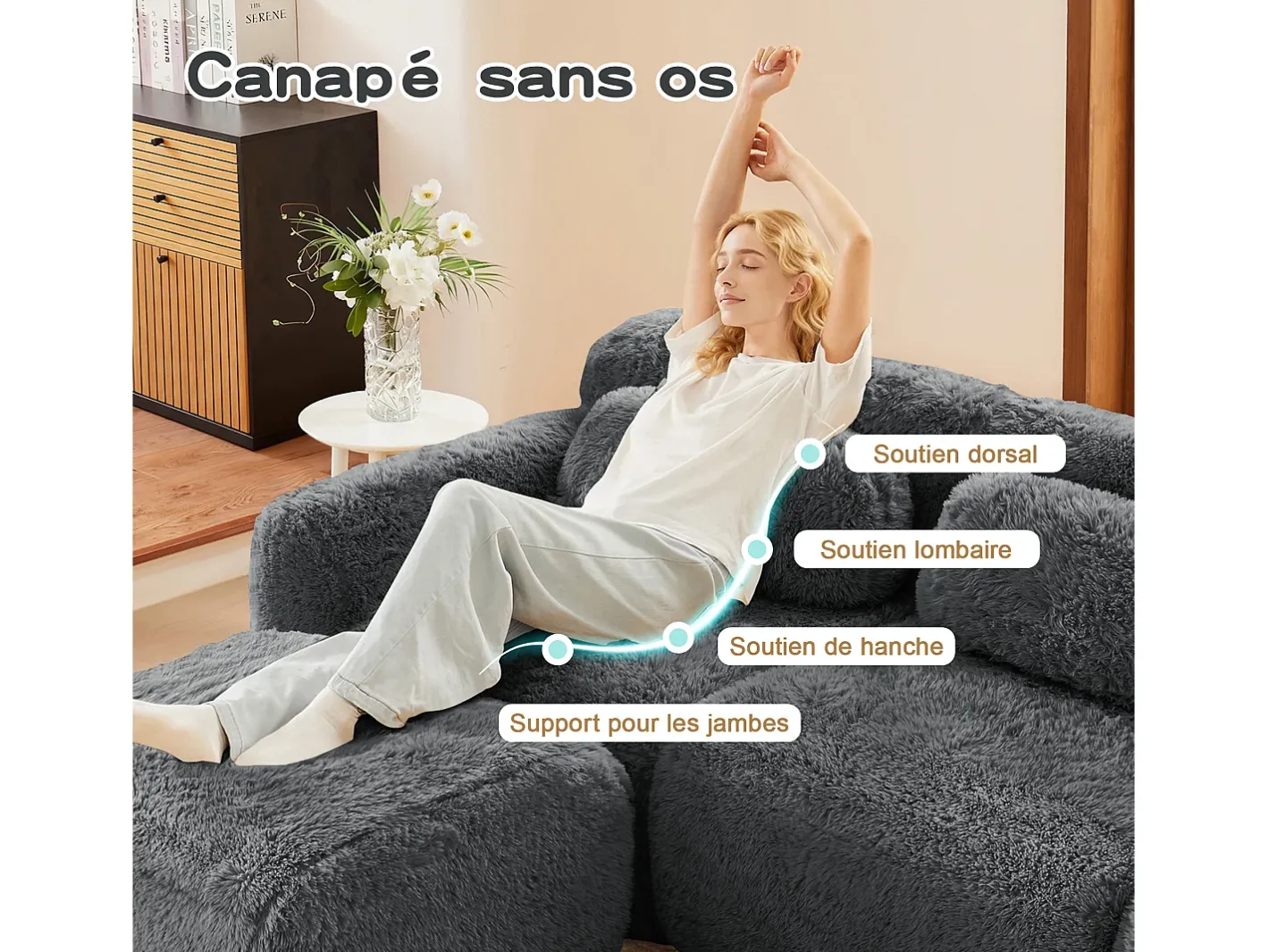 Sofá de Canto Modular em tecido peluche, com 3 puffs e 3 almofadas, 291x179x73cm, Cinza*DripeX Sale