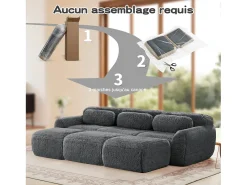 Sofá de Canto Modular em tecido peluche, com 3 puffs e 3 almofadas, 291x179x73cm, Cinza*DripeX Sale