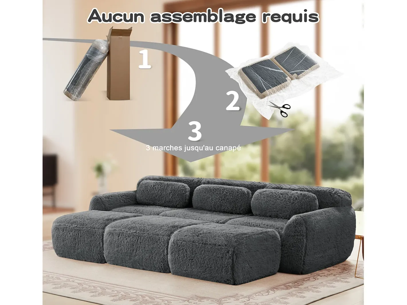 Sofá de Canto Modular em tecido peluche, com 3 puffs e 3 almofadas, 291x179x73cm, Cinza*DripeX Sale