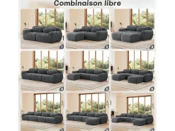 Sofá de Canto Modular em tecido peluche, com 3 puffs e 3 almofadas, 291x179x73cm, Cinza*DripeX Sale