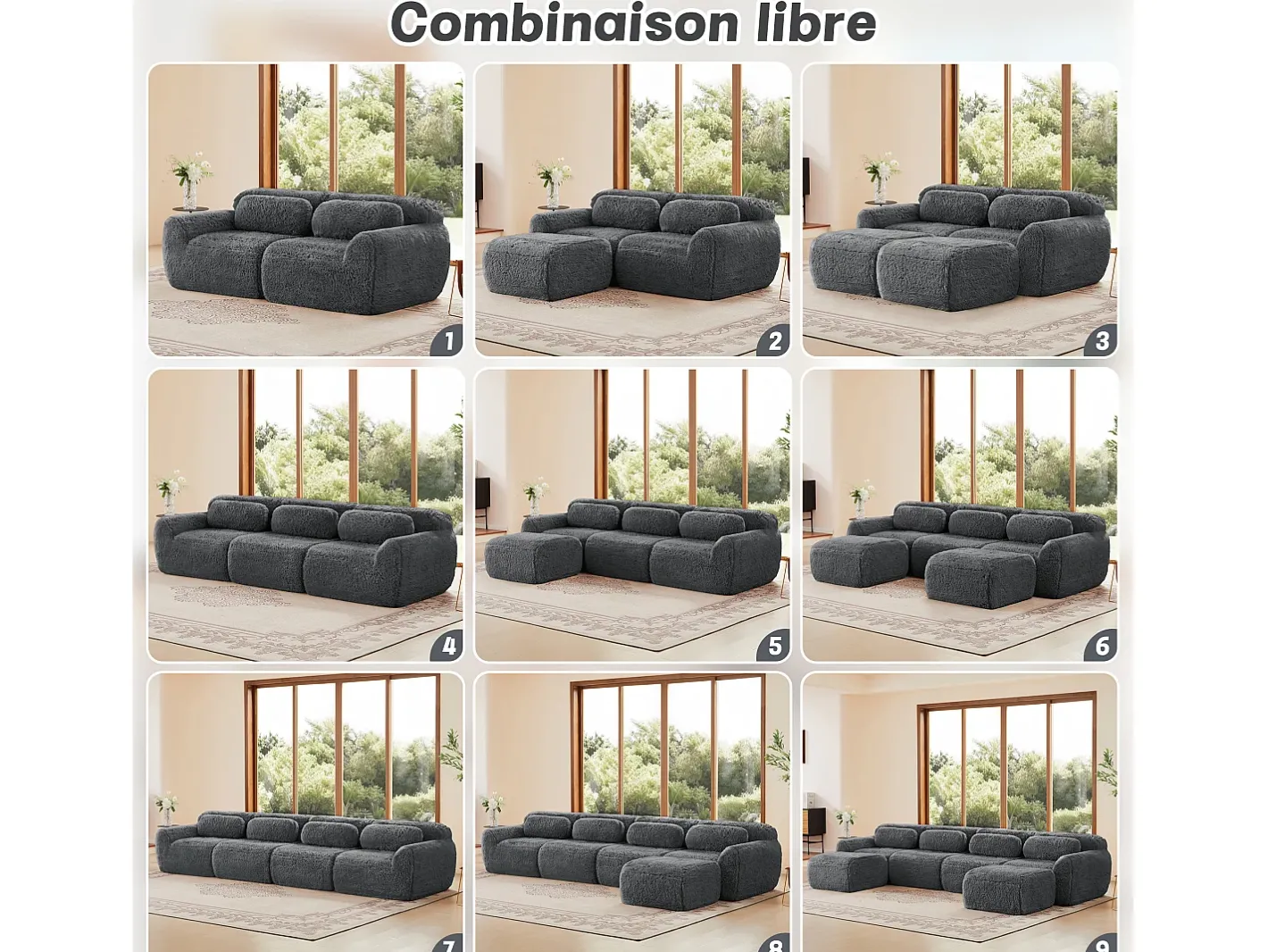 Sofá de Canto Modular em tecido peluche, com 3 puffs e 3 almofadas, 291x179x73cm, Cinza*DripeX Sale