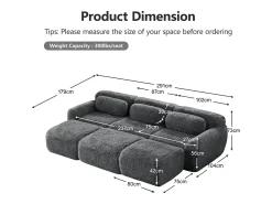 Sofá de Canto Modular em tecido peluche, com 3 puffs e 3 almofadas, 291x179x73cm, Cinza*DripeX Sale