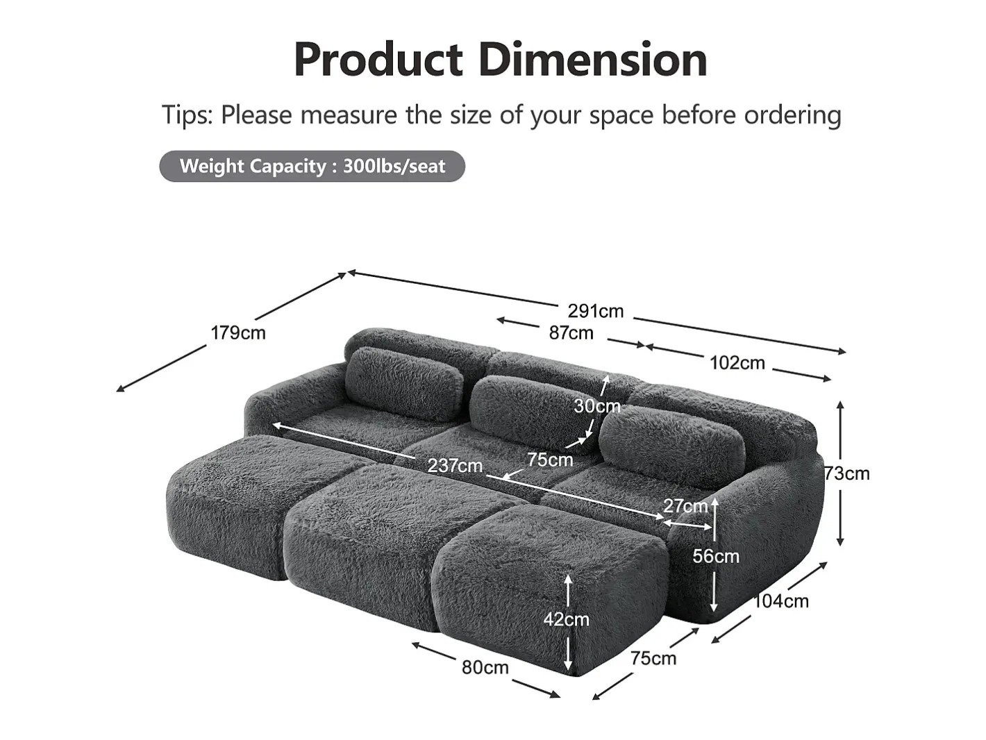 Sofá de Canto Modular em tecido peluche, com 3 puffs e 3 almofadas, 291x179x73cm, Cinza*DripeX Sale
