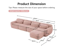 Sofá de Canto Modular em tecido peluche, com puff e 4 almofadas, sem estrutura, 378x179x73cm,*DripeX