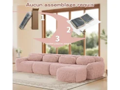 Sofá de Canto Modular em tecido peluche, com puff e 4 almofadas, sem estrutura, 378x179x73cm,*DripeX