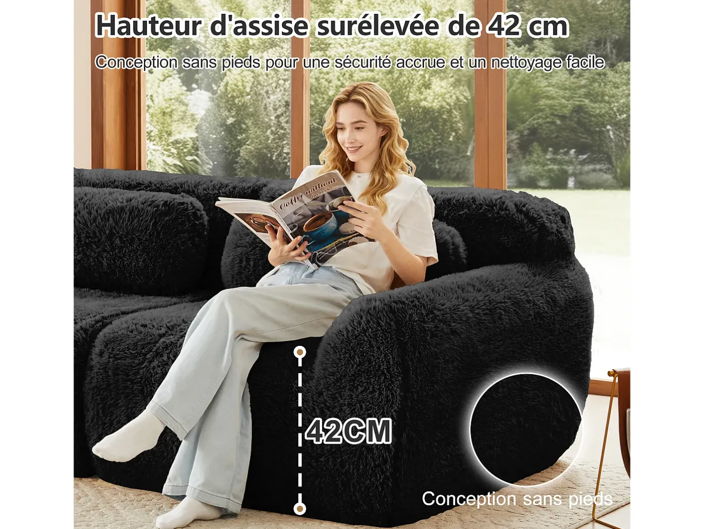 Sofá de Canto Modular em tecido peluche, com 3 puffs e 3 almofadas, 291x179x73cm,*DripeX Discount