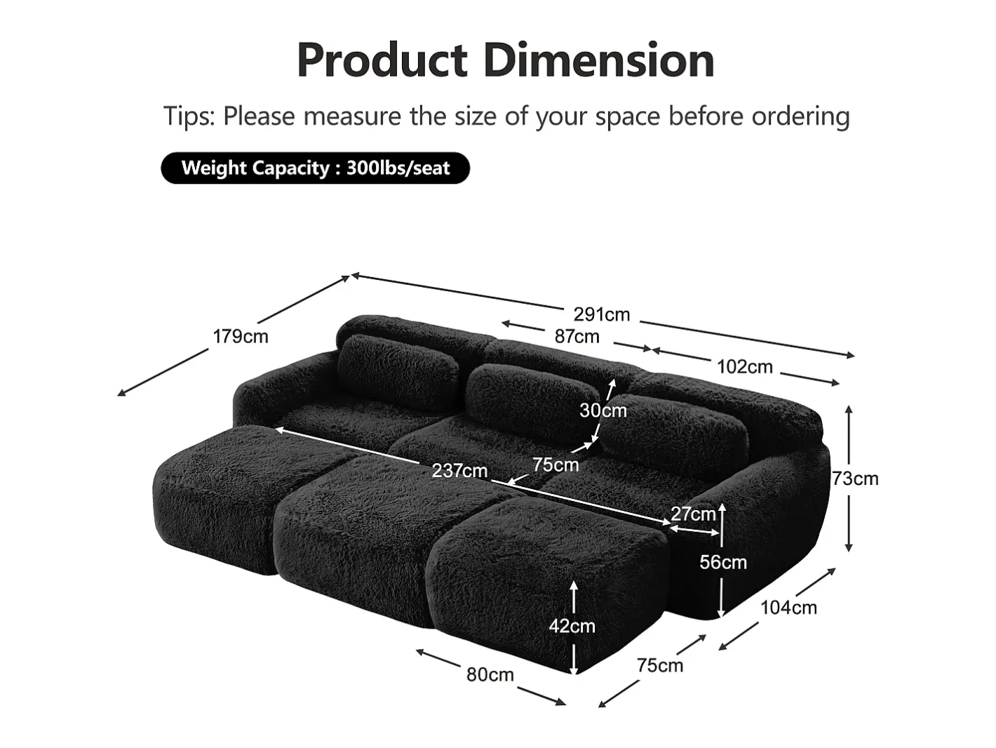 Sofá de Canto Modular em tecido peluche, com 3 puffs e 3 almofadas, 291x179x73cm,*DripeX Discount