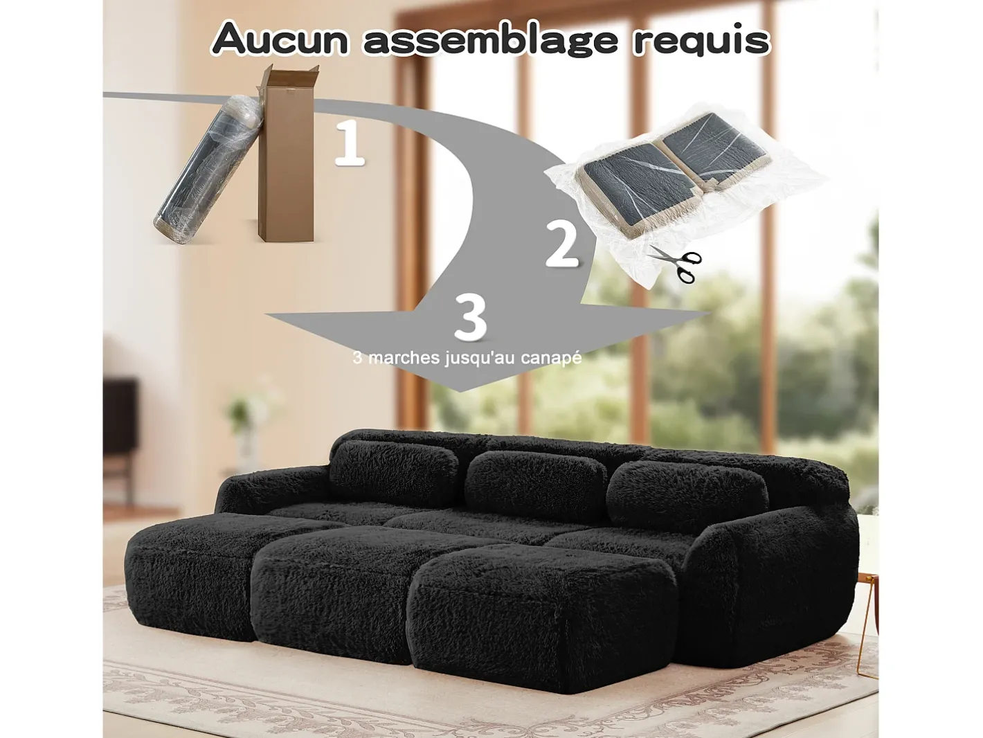 Sofá de Canto Modular em tecido peluche, com 3 puffs e 3 almofadas, 291x179x73cm,*DripeX Discount