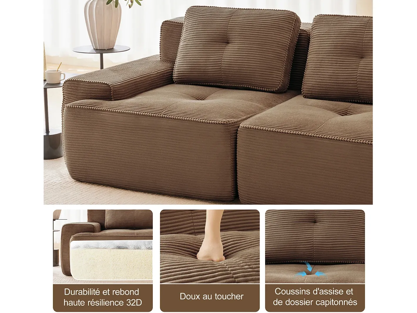 Sofá de Canto Modular em Veludo cotelê, com 2 puffs e 2 almofadas, 204x177x69cm, Marrom*DripeX Hot