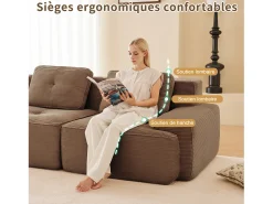 Sofá de Canto Modular em Veludo cotelê, com 2 puffs e 2 almofadas, 204x177x69cm, Marrom*DripeX Hot