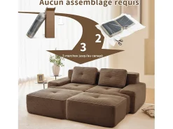 Sofá de Canto Modular em Veludo cotelê, com 2 puffs e 2 almofadas, 204x177x69cm, Marrom*DripeX Hot