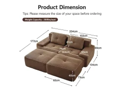 Sofá de Canto Modular em Veludo cotelê, com 2 puffs e 2 almofadas, 204x177x69cm, Marrom*DripeX Hot