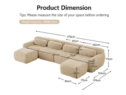 Sofá de Canto Modular Forma de U em tecido peluche, com 2 puffs e 4 almofadas, 378x179x73cm, Sofá