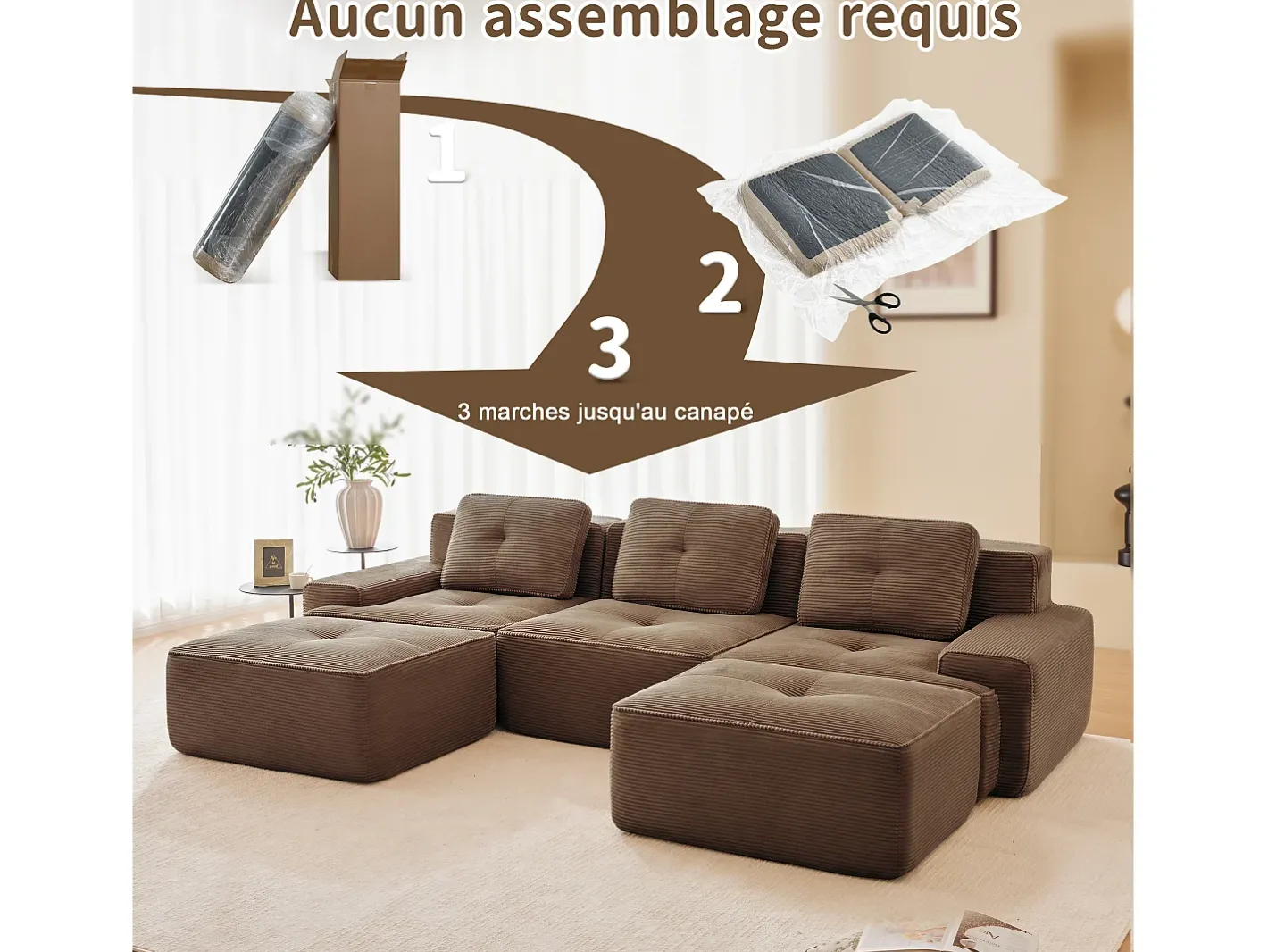 Sofá de Canto Modular Forma de U em Veludo cotelê, com 2 puffs e 3 almofadas, 293x177x69cm, Marrom*DripeX Hot