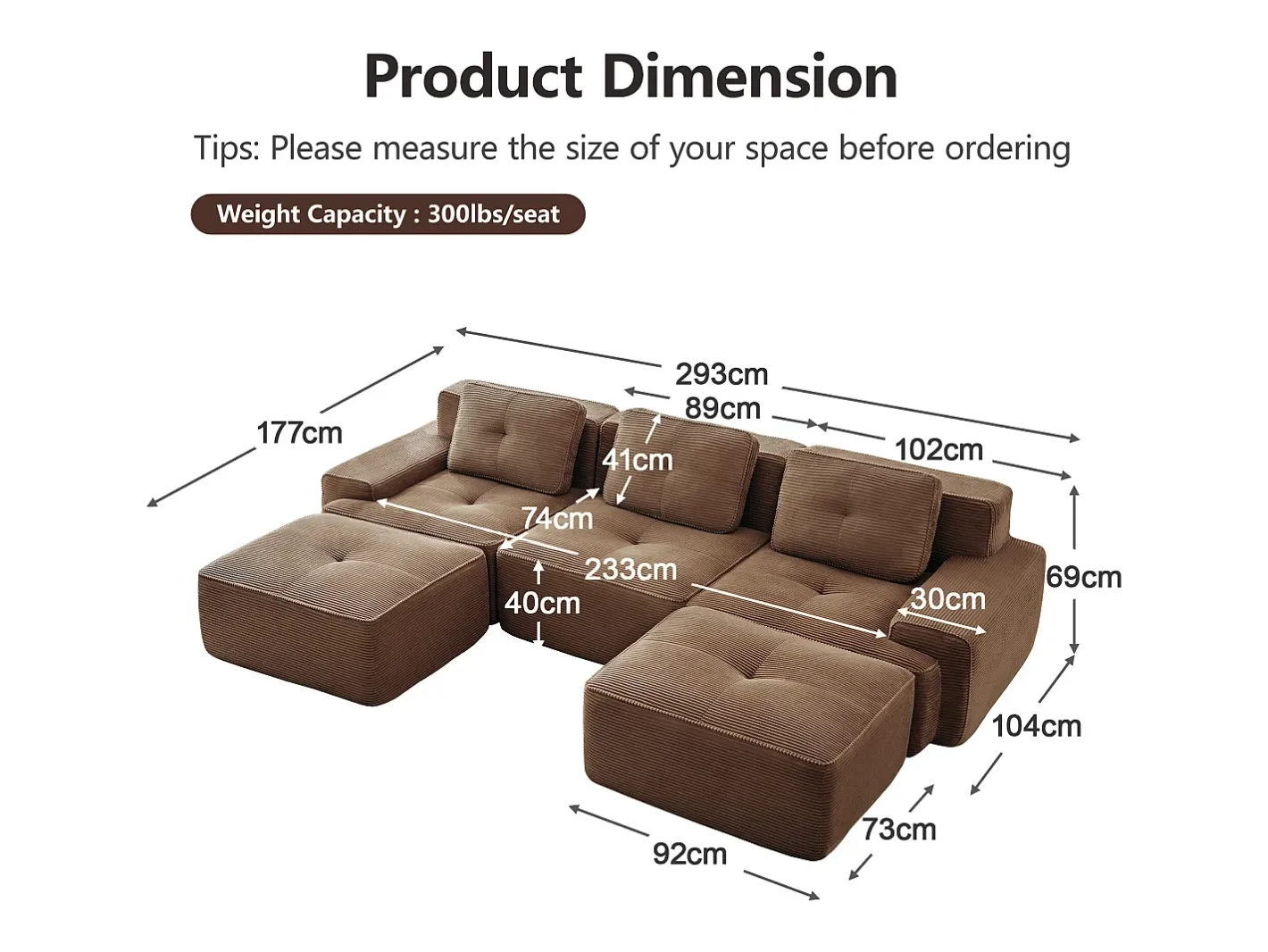 Sofá de Canto Modular Forma de U em Veludo cotelê, com 2 puffs e 3 almofadas, 293x177x69cm, Marrom*DripeX Hot