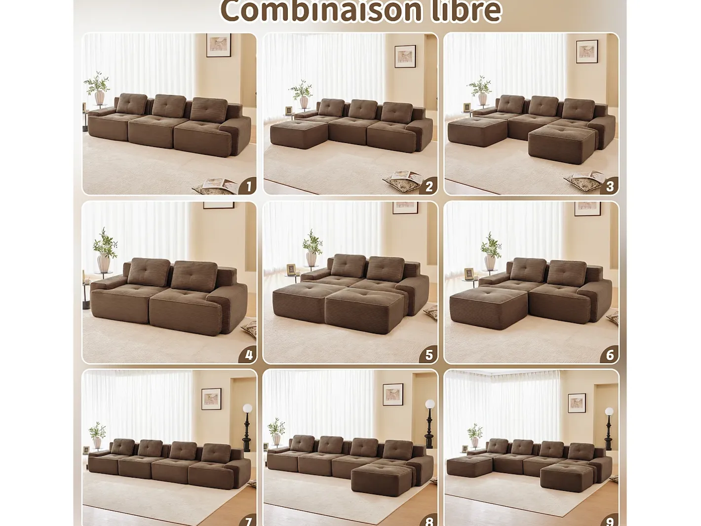 Sofá de Canto Modular Forma de U em Veludo cotelê, com 2 puffs e 3 almofadas, 293x177x69cm, Marrom*DripeX Hot