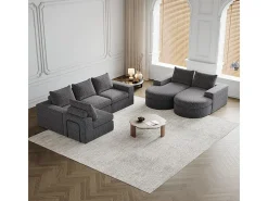 Sofá de Canto Modular Reversível 6 Lugares, com 6 Almofadas e Almofadas Cervicais, Tecido Chenille, Sala de Estar DIY, Cinza^DripeX Online