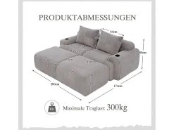 Sofá de canto modular veludo canelado, porta-copos, 2 pufes e 2 almofadas, 200x174x80cm,*DripeX Hot