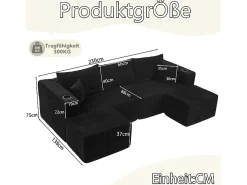 Sofá de canto modular veludo canelado, 2 pufes, porta-copos e almofadas, , 230x138x75cm Sofá